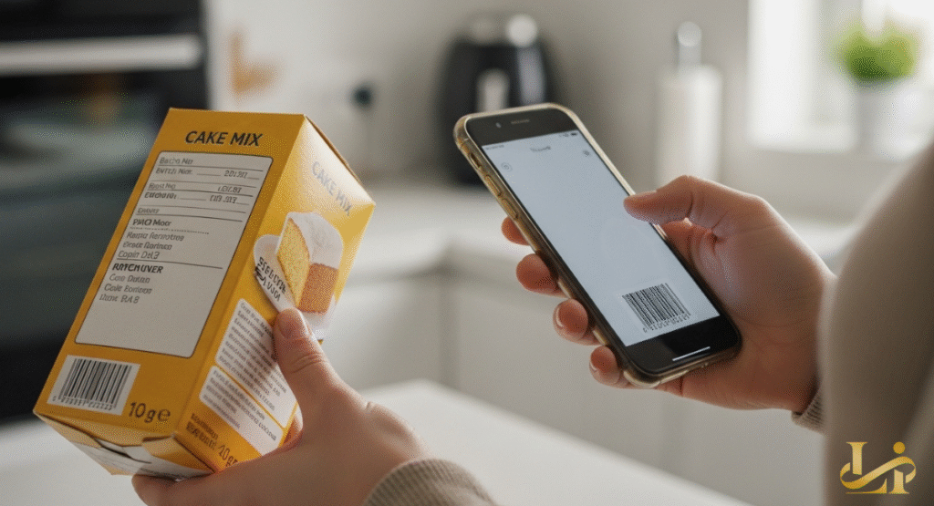 A person holds a yellow cake mix box in one hand while using a smartphone to scan the barcode with a dedicated app.