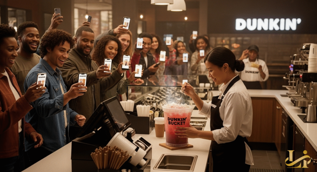 A Dunkin' barista prepares a large "Dunkin' Bucket" for a crowd of excited customers, who are holding up their phones to capture the moment. This lively scene captures the anticipation of getting the Dunkin' Bucket.