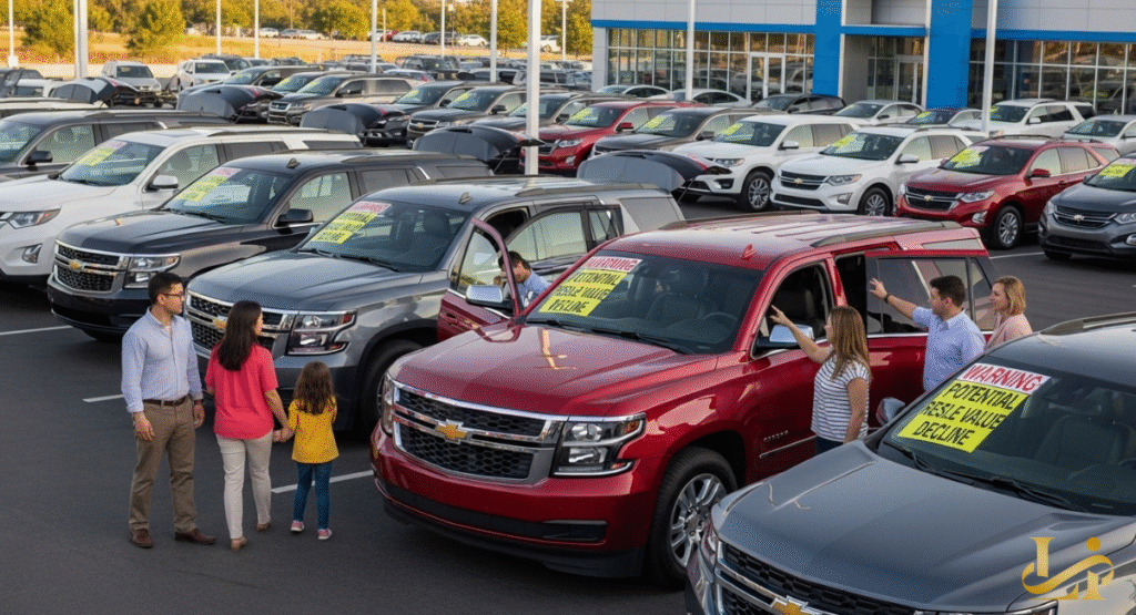 A bustling car dealership lot filled with rows of new SUVs, some displaying "WARNING POTENTIAL RESALE VALUE DECLINE" signs. Several families are seen interacting with the vehicles, hinting at consumer decisions amidst market concerns.