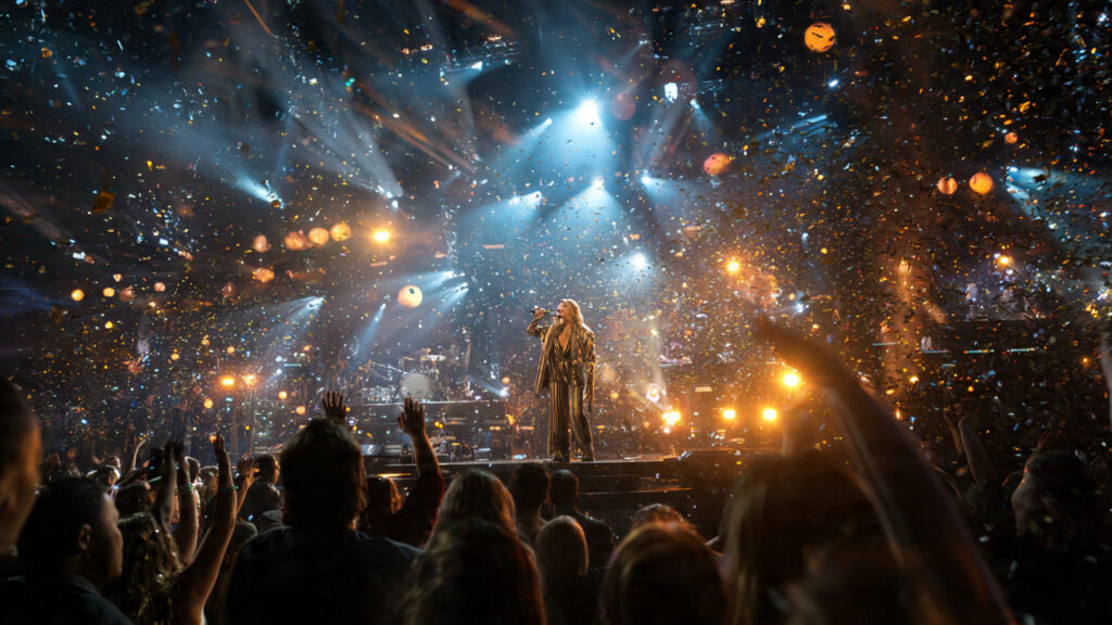 A performer in a gold sequined jumpsuit stands on a stage showered in falling confetti. A large crowd of fans has their hands raised in the air during the concert.
