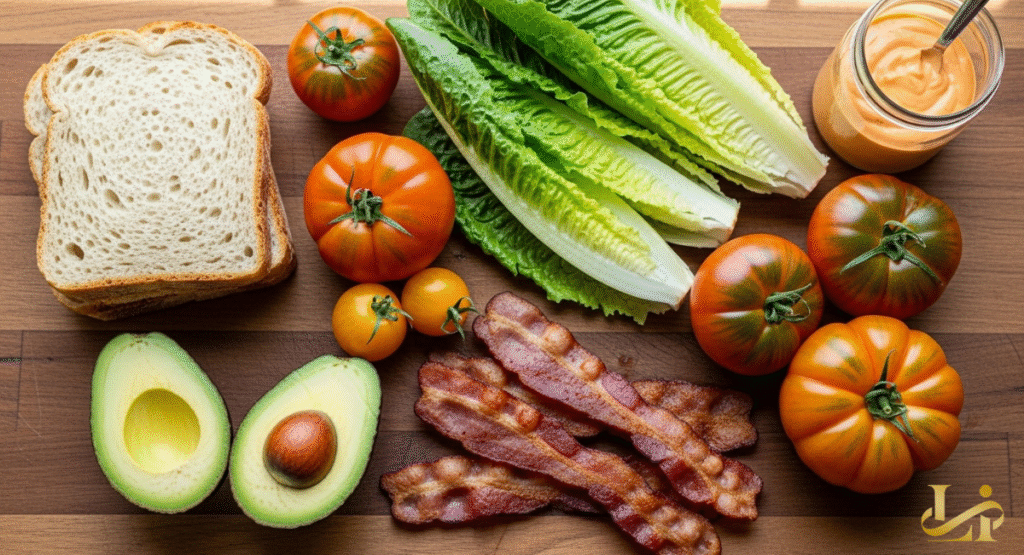 A top-down overhead shot of fresh ingredients including heirloom tomatoes, romaine lettuce, bacon, and halved avocados.