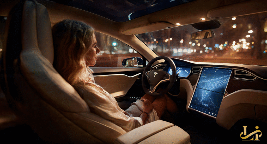 A wide view of the ultra-modern cabin featuring the 17-inch cinematic touchscreen and walnut trim. Ambient lighting glows softly along the dash, highlighting the absence of traditional buttons.