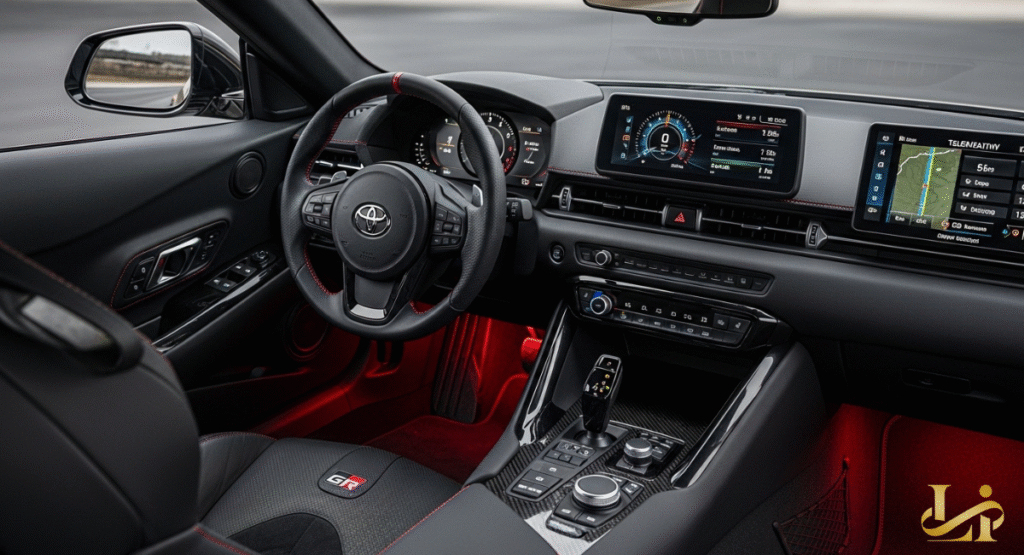 The driver-oriented interior of the 2026 Toyota GR Supra, featuring a sporty steering wheel and advanced digital displays. Red accent lighting illuminates the footwells, adding to the modern and dynamic cabin ambiance.