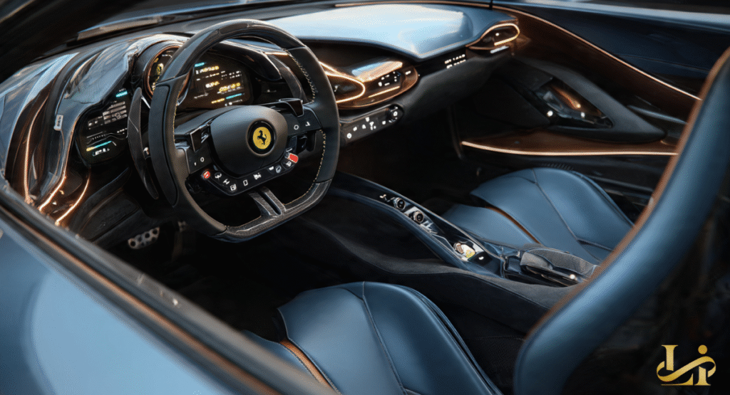 The interior of the Ferrari LUCE features a driver-centric cockpit with blue leather racing seats and a carbon fiber steering wheel.