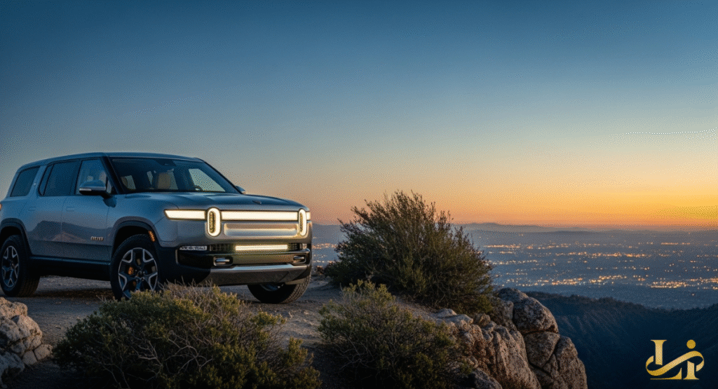 A close-up of the R2's retractable rear glass window lowering into the tailgate. The background shows a scenic outdoor camping setup with flat-folding interior seats.