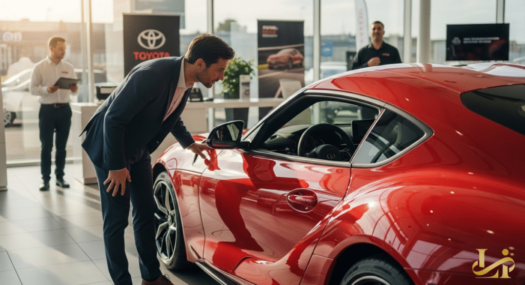 A man in a suit carefully inspects the side profile of a gleaming red sports car inside a bright car showroom. His thoughtful gaze suggests he is considering the purchase, weighing its aesthetics and value.