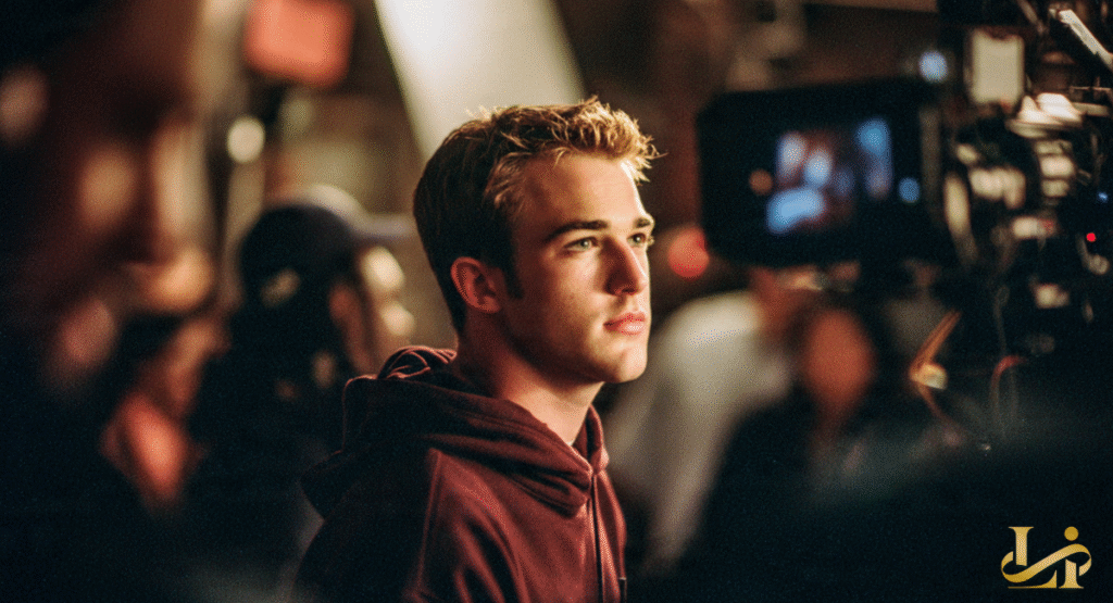 A young actor on a professional film set looks intently off-camera. Studio lights and filming equipment create a busy, creative atmosphere in the background.