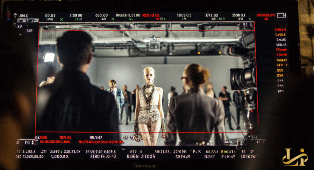 A monitor displays a live feed of a fashion runway with a model posing in a shimmering outfit, surrounded by production crew. The technical overlay on the screen highlights the intricate behind-the-scenes work of a fashion show, and the image prominently features Jay Manuel.
