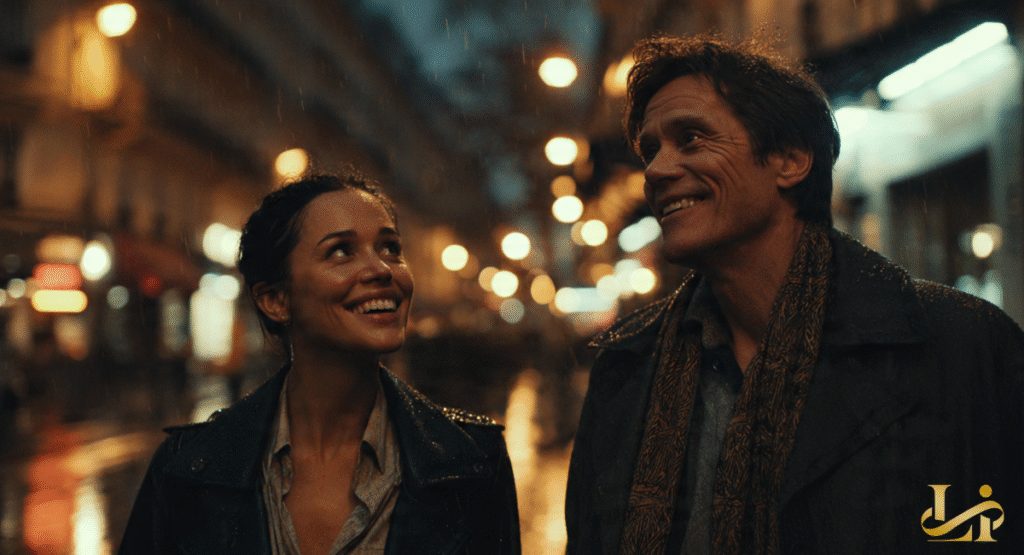 A smiling man and woman walk together in the rain on a city street at night, looking up with happy expressions. The soft glow of streetlights and the gentle rain create a romantic atmosphere for a confirmed private romance.