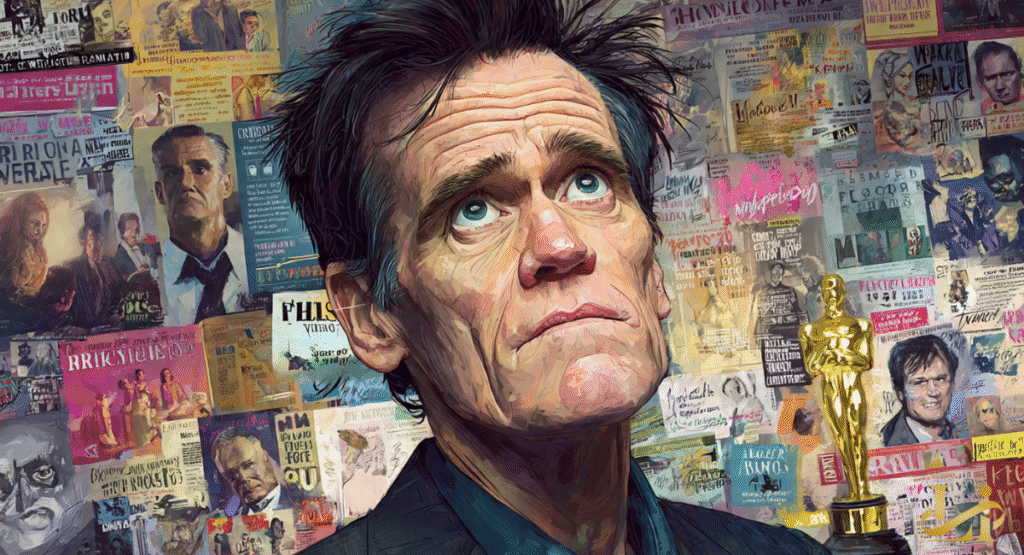A man with a thoughtful expression and disheveled hair looks upwards, a golden award statue next to him, against a chaotic background of vintage posters and newspaper clippings. This art-style portrait, reminiscent of Jim Carrey, captures a moment of deep reflection or artistic contemplation.