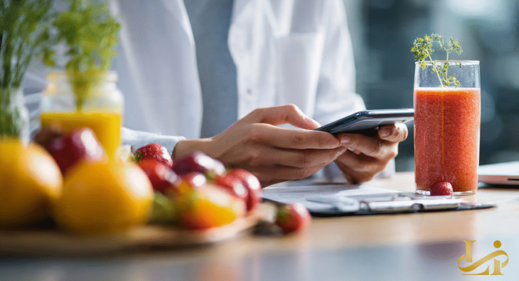 A close-up of hands using a smartphone over a clipboard, surrounded by fresh strawberries, oranges, and glasses of colorful smoothies.