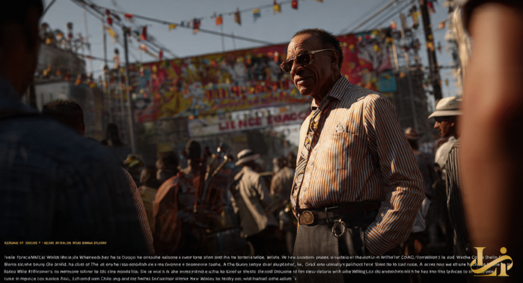 A distinguished older man in sunglasses and a striped shirt, resembling Willie Colon, stands amidst a bustling street fair or festival crowd. The vibrant background hints at a lively community event.