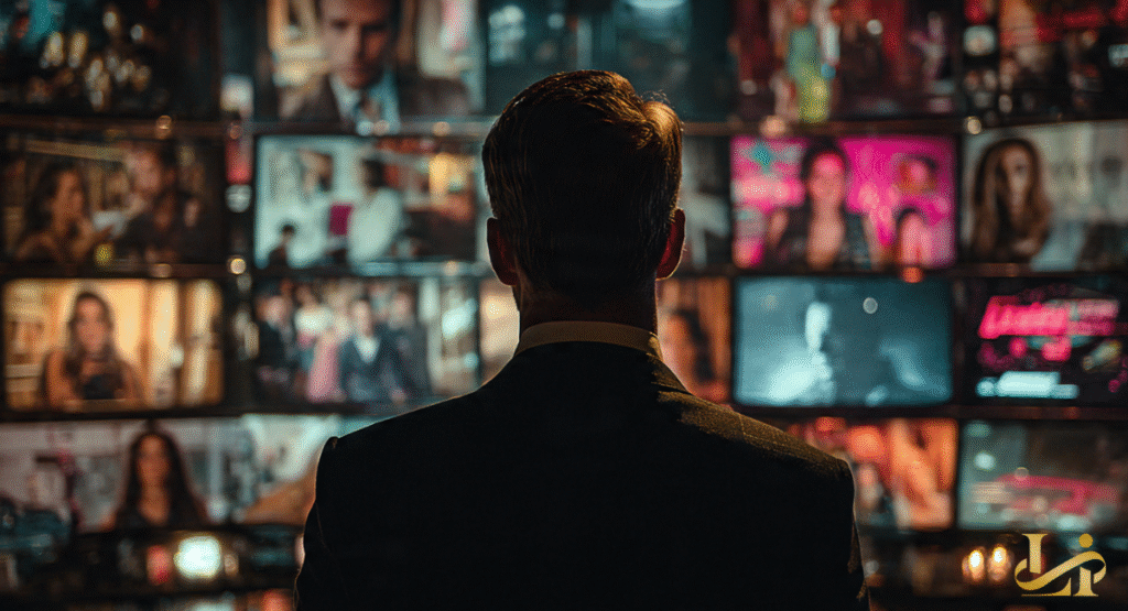 A man viewed from behind looks at a wall of glowing television monitors. Each screen displays a different scene from a long-running TV legacy.
