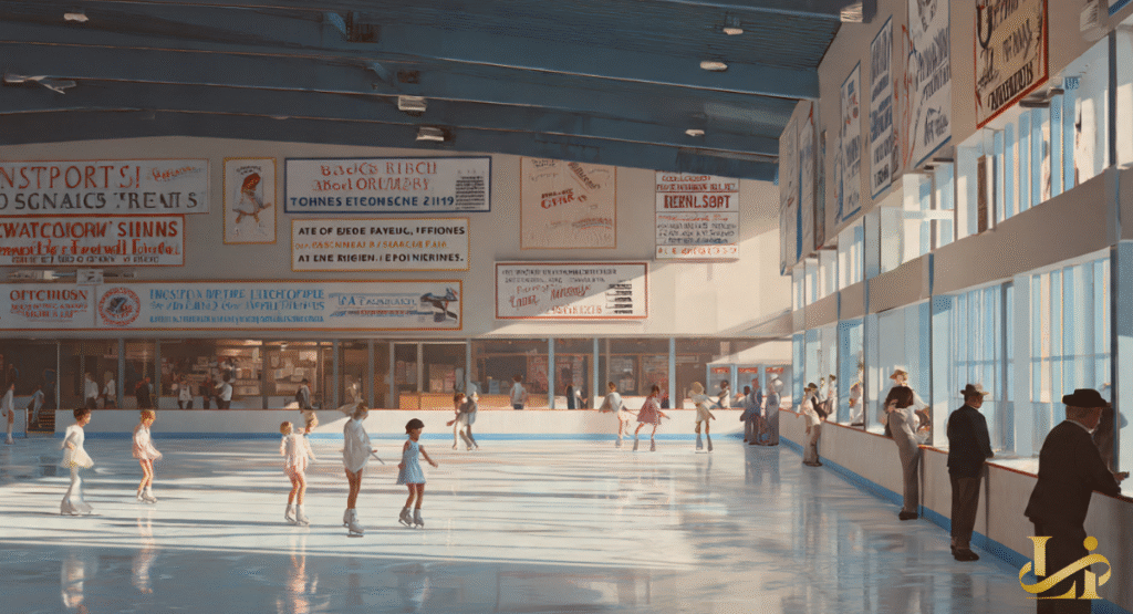 Children and adults are casually ice skating on a public rink, watched by spectators leaning over a railing. The everyday scene suggests a community enjoying the sport, perhaps after the high-stakes world of competitive skating.