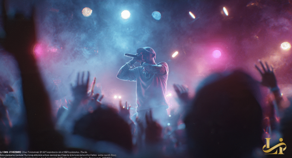 A rapper performs under vibrant blue and pink stage lights, holding a microphone to the enthusiastic crowd with their hands raised. The dynamic lighting and engaged audience capture the electrifying energy of a breakthrough live performance.