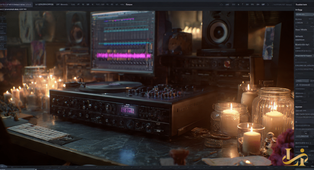 A dimly lit music production studio with a DJ mixer, monitor displaying audio waveforms, and numerous lit candles. The intimate setting, bathed in soft candlelight, evokes a reflective atmosphere, possibly for a final music release.