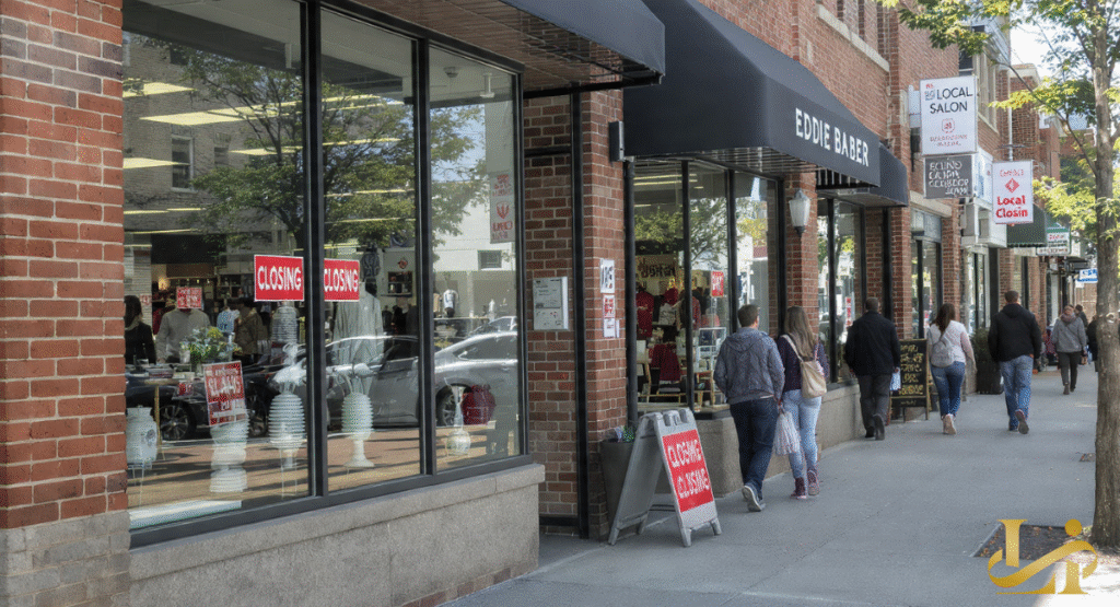 An outdoor view of a brick storefront in a downtown area with "Closing" signs in the windows and pedestrians walking along the sidewalk under black awnings.