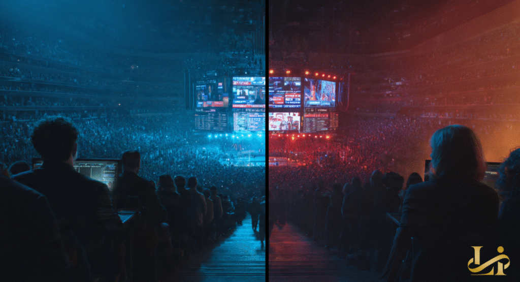 A split-screen view of a control room looking out at a stadium divided into blue and red lighting.