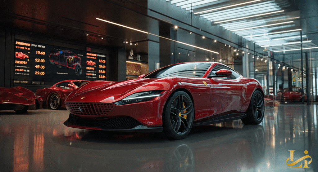 A vibrant red Ferrari LUCE is showcased on a polished showroom floor, surrounded by digital spec screens and heritage models.