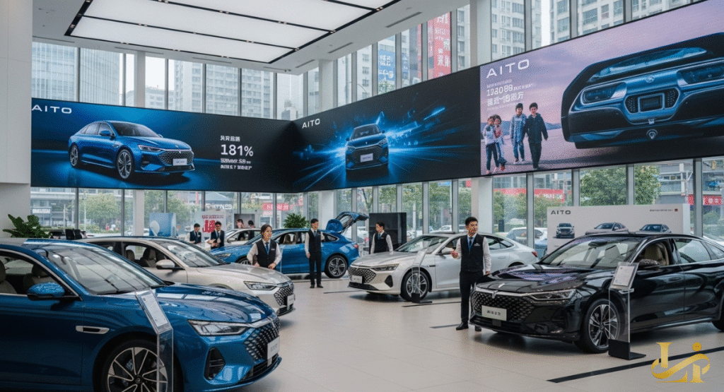 A spacious and modern AITO car showroom filled with various sedan models and professional sales staff.