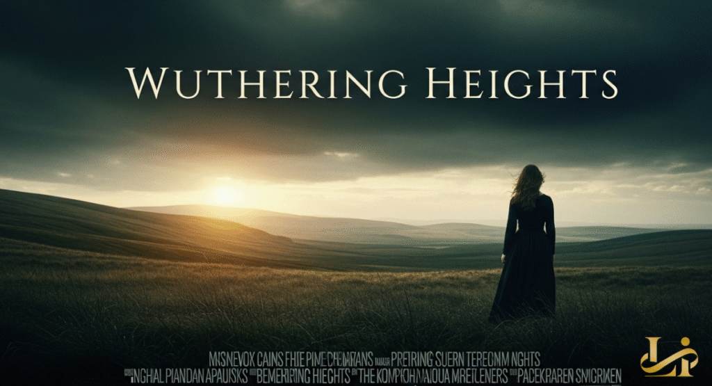 A minimalist film poster showing a lone woman in a black dress looking out over a vast, sun-drenched valley.