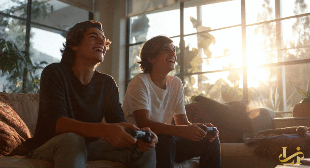 Matteo and Valentino, the teenage twin sons of Ricky Martin, sit on a sofa laughing. They are holding video game controllers during a relaxed afternoon at home.