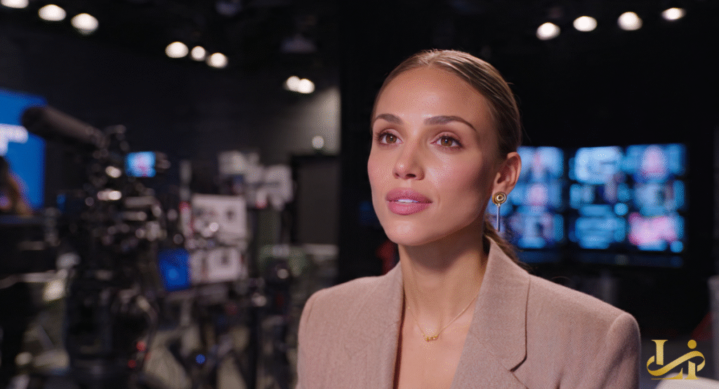 A woman participates in a professional studio interview, looking thoughtfully upward with monitors and cameras in the background.