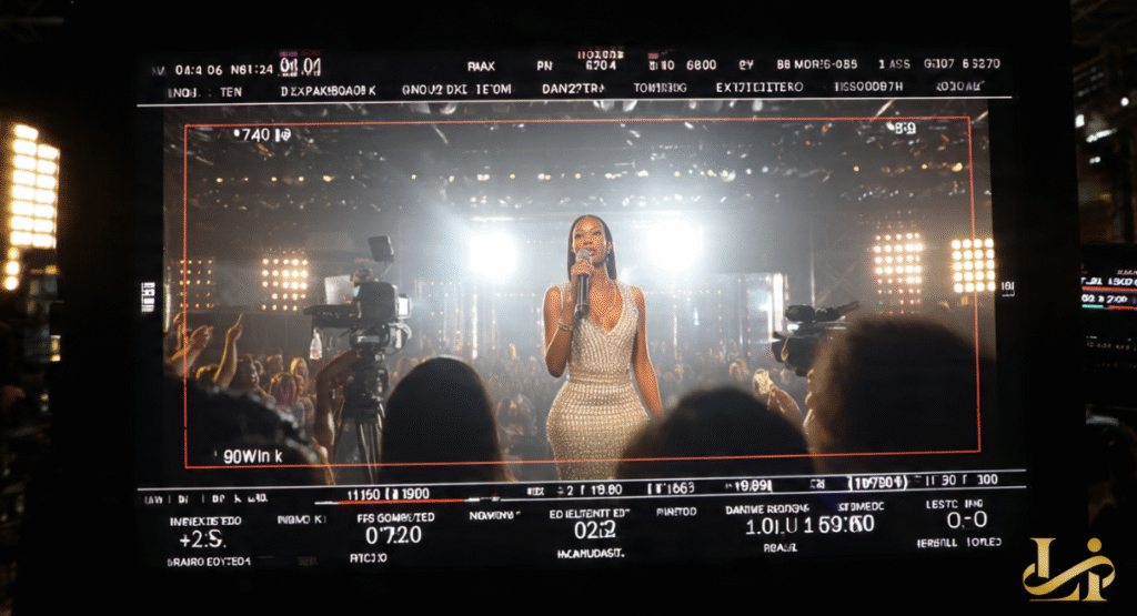 A wide shot of a glamorous woman in a shimmering silver gown performing on a brightly lit stage. She is holding a microphone and facing a large crowd, seen through a professional camera monitor.