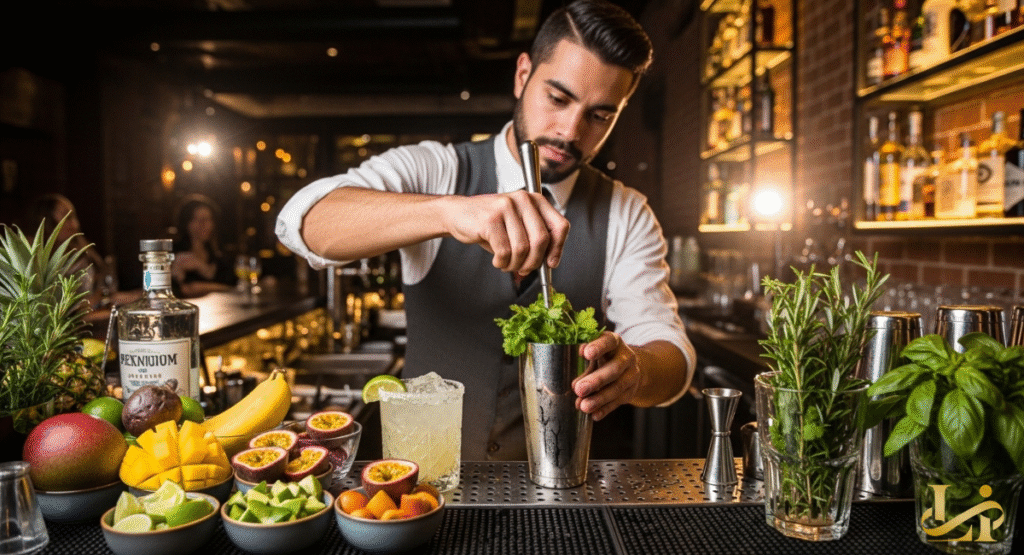 A skilled male bartender with a beard and waistcoat is muddling ingredients in a cocktail shaker, surrounded by an assortment of fresh fruits and herbs. The sophisticated bar setting hints at crafted, innovative drink creations.