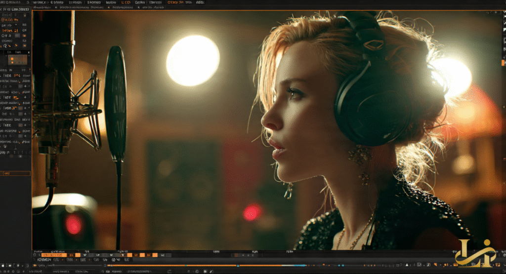 A blonde woman with headphones on her head. She is standing in front of a microphone in a recording studio.