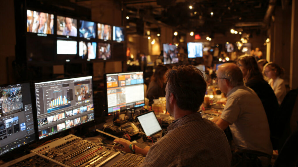 A production control room filled with multiple glowing monitors and audio equipment. Technicians sit at a long desk, carefully monitoring live feeds of various speakers.
