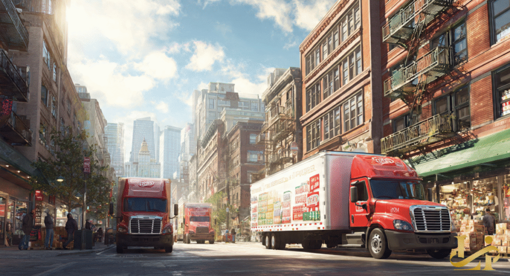 Red semi-trucks with product branding drive down a sunlit city street lined with brick buildings and storefronts.