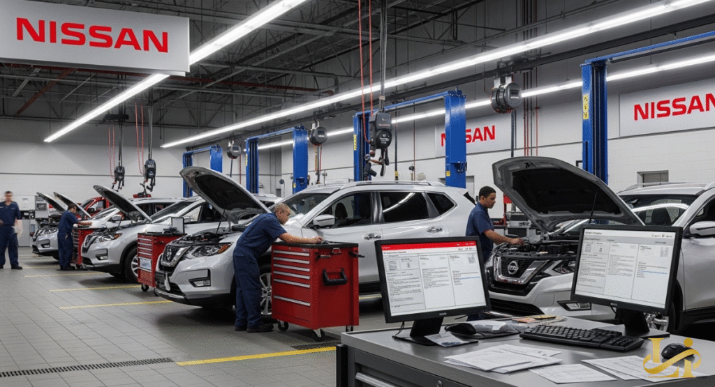 A wide shot of a clean, modern car service center with multiple Nissan vehicles on lifts and mechanics working. The "NISSAN" logo is prominently displayed on the walls and a computer screen shows diagnostic software.