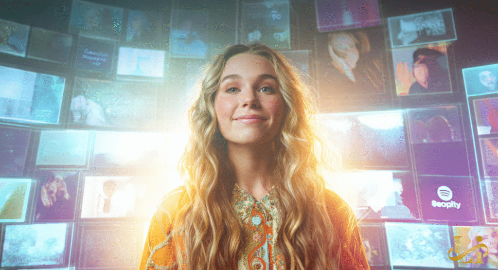 A woman with long blonde wavy hair stands in front of a massive wall of glowing digital screens. The screens display various media clips and a prominent social media logo.