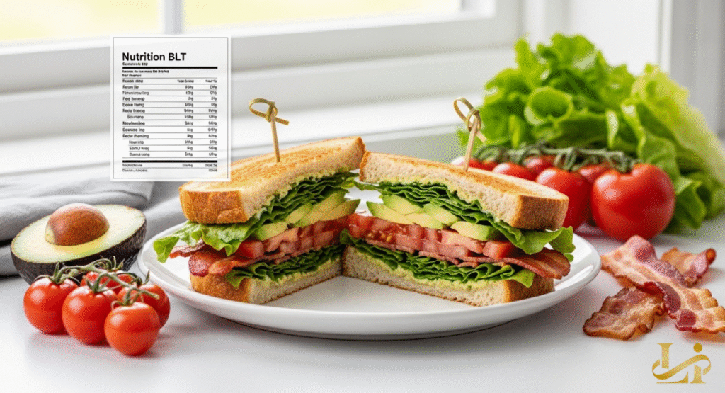 Two halves of a toasted sandwich held together by bamboo picks, displayed on a white plate next to a nutrition facts label.
