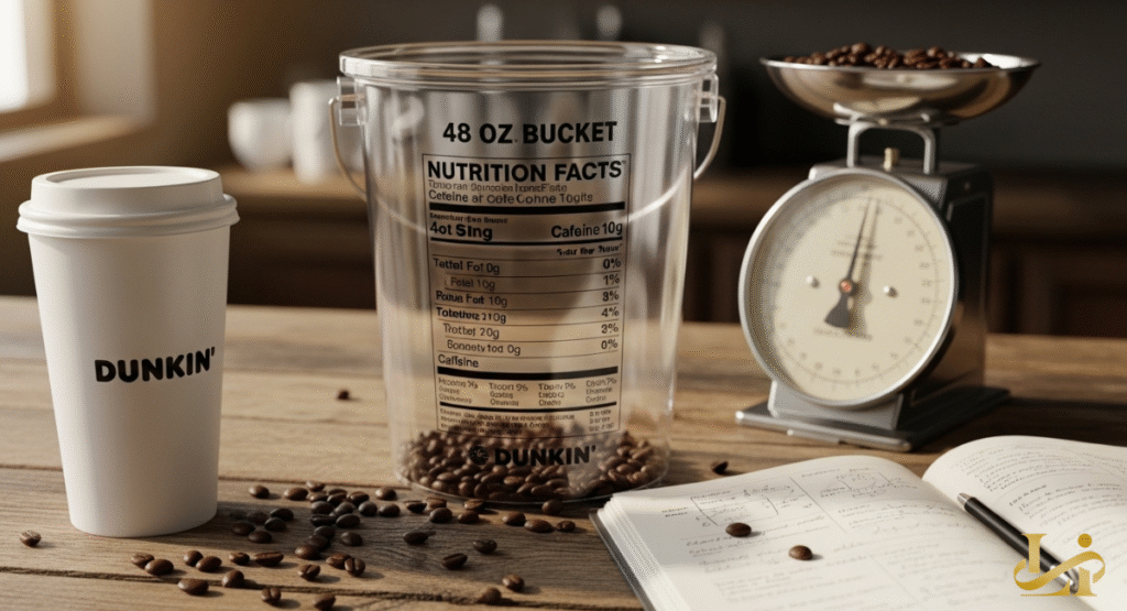 A clear 48oz Dunkin' bucket, filled with coffee beans and displaying nutritional facts, sits on a wooden table. A coffee cup, an old-fashioned scale, and a notebook are also present, suggesting a focus on details and preparation.