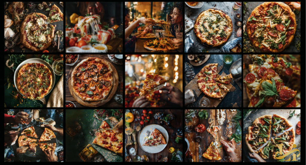 A 3x5 grid of high-contrast food photography showcasing various styles of pizza, from deep-dish and thin-crust to artisanal vegetarian options.