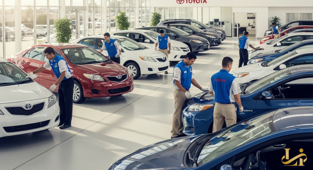 A certified Toyota technician in a clean service bay working on the internal wiring of a Prius door panel.