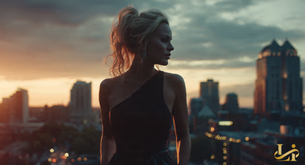 A silhouette-style portrait of a woman standing on a rooftop at sunset, looking out over a city skyline. The warm glow of the setting sun creates a golden rim light around her hair and elegant black dress.