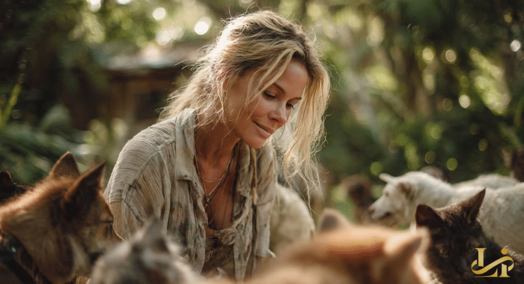 A candid, natural shot of a woman with her hair in a messy bun tending to several dogs and cats outdoors. The soft, dappled sunlight filters through trees as she interacts gently with the animals in a rustic environment.