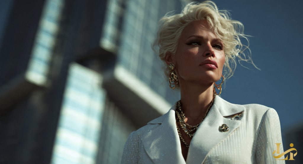 A low-angle fashion shot of a woman in a sharp white blazer and heavy gold chain jewelry. Her platinum blonde hair is styled in a tousled, modern bob against a backdrop of glass skyscrapers.