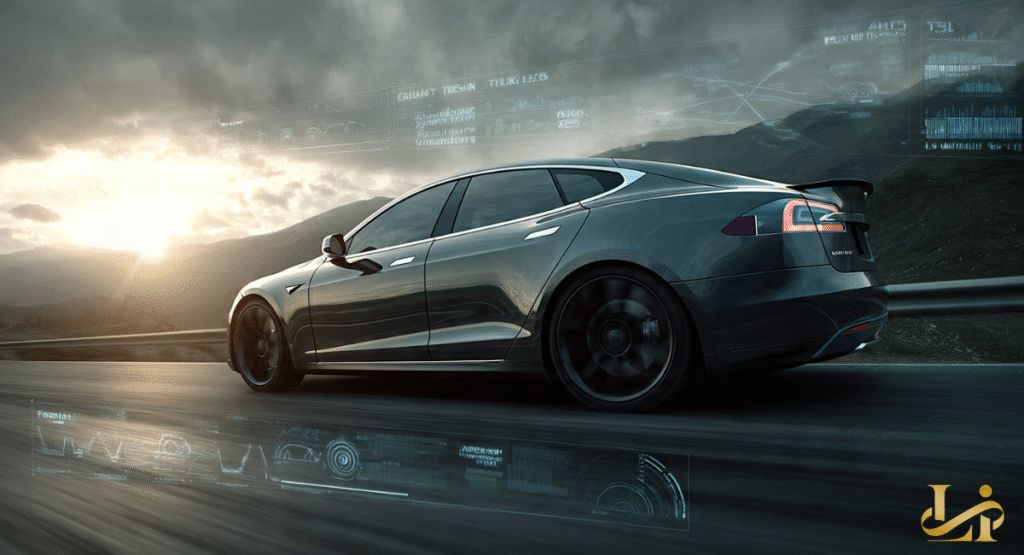 A close-up of the carbon-sleeved tri-motor assembly and the high-performance red brake calipers. The image illustrates the advanced engineering that enables sub-2-second acceleration