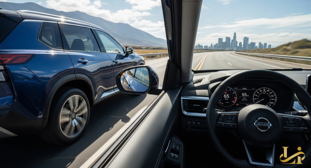 The interior view from a moving car, showing the steering wheel and dashboard with a speedometer displaying 65 mph. A blue SUV is driving parallel on a multi-lane highway with a city skyline and mountains in the distance.