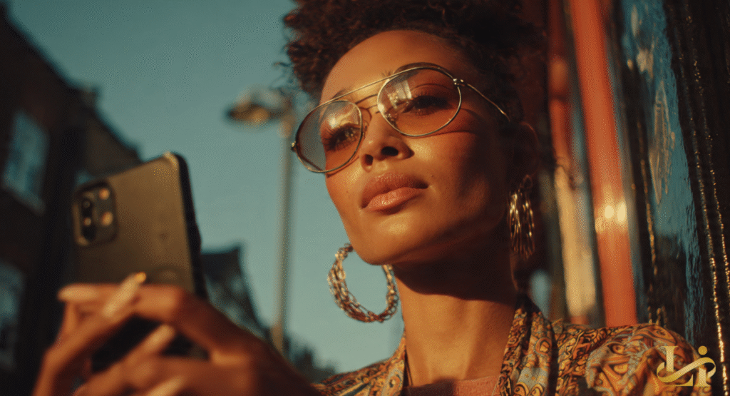 A close-up, low-angle shot of a woman looking thoughtfully at her smartphone while wearing aviator sunglasses.