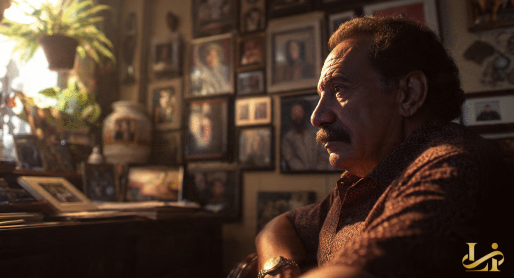 A somber portrait of an older man with a mustache, likely Willie Colon, looking thoughtfully into the distance. He is surrounded by framed pictures and warm, natural light, hinting at a life rich with memories.