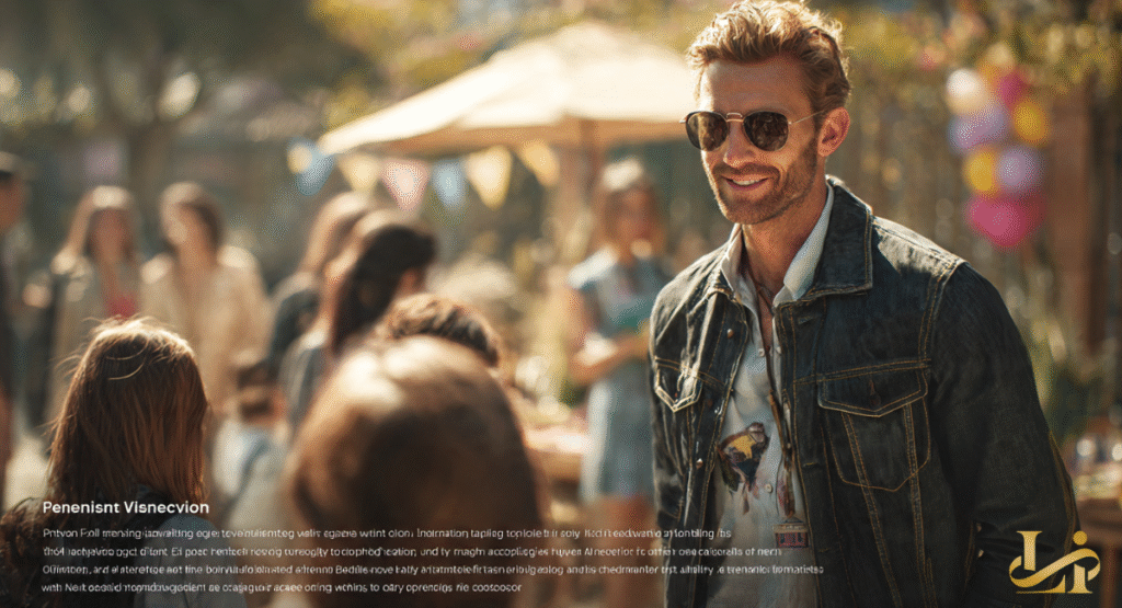A smiling man in sunglasses and a denim jacket is seen in a blurred outdoor gathering, hinting at a relaxed social event. His joyful expression conveys a sense of ease and engagement in his personal life or philanthropic activities.