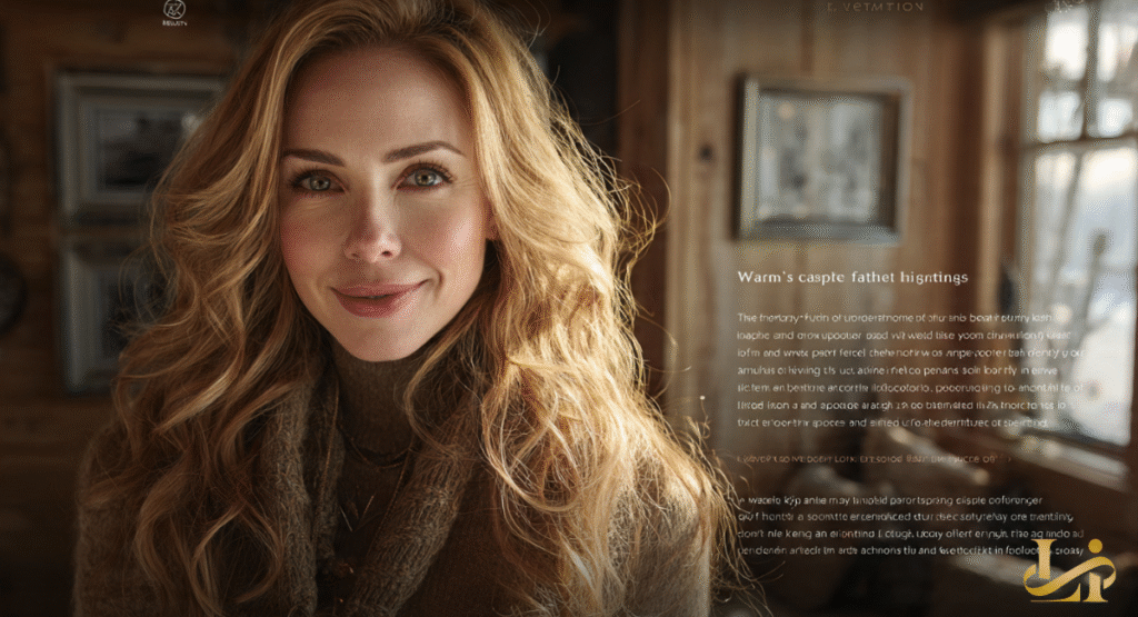 A close-up, intimate portrait of a woman with long blonde hair and green eyes smiling warmly. She is wearing a cozy brown knit sweater inside a rustic, sunlit wooden cabin.