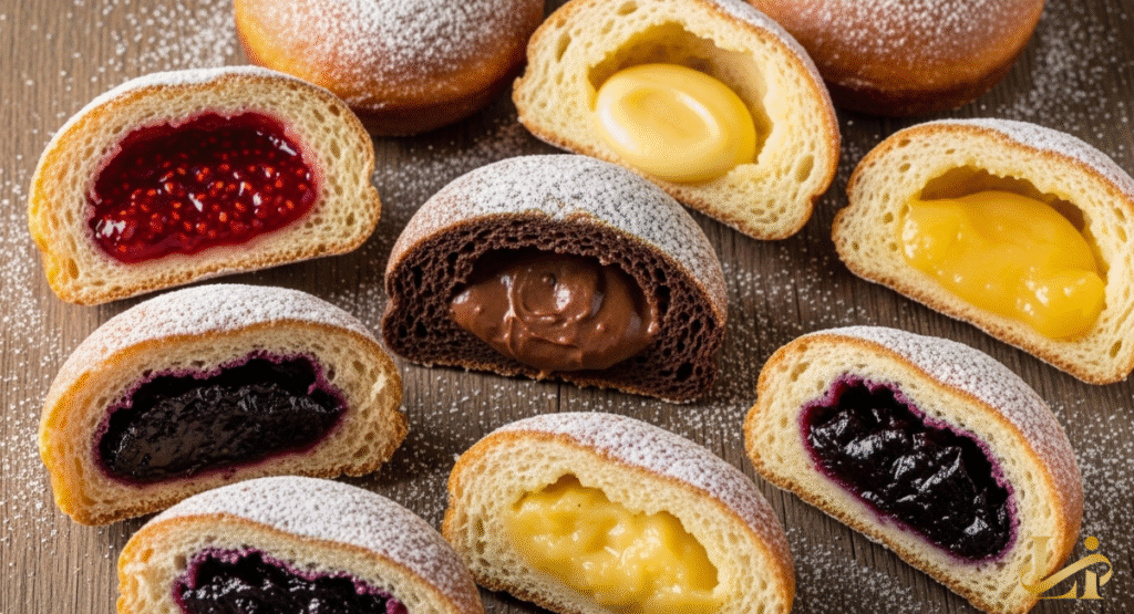 A tempting array of paczki halves, each bursting with diverse fillings like raspberry, chocolate, and various creams. The rich textures and colors of the fillings are enhanced by a light dusting of powdered sugar.