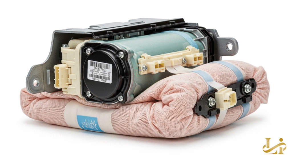 A close-up of a compact, folded airbag module with its internal components visible. This image illustrates the intricate design of a crucial safety device, emphasizing automotive safety systems.
