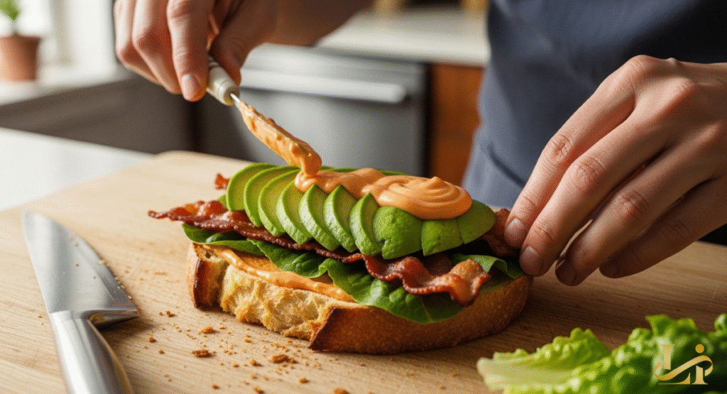 A chef's hands using a spreader to apply creamy orange sriracha sauce over a fanned-out avocado on a BLT.